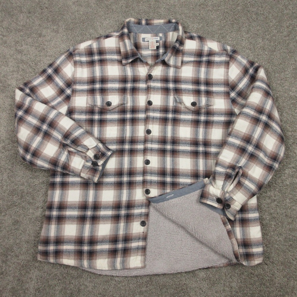 Carbon 2 Cobalt Shirt Mens XL Beige Plaid Fleece Lined Flannel Shacket Button Up